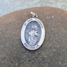 Load image into Gallery viewer, Sterling Silver Antiqued Saint Jude Oval Medal Pendant 25mm, Sterling Silver Antiqued Saint Jude Oval Medal Pendant 25mm - Legacy Saint Jewelry