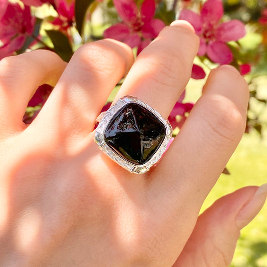 Sterling Silver Genuine Square-Cut Black Onyx Cocktail Ring, Sterling Silver Genuine Square-Cut Black Onyx Cocktail Ring - Legacy Saint Jewelry