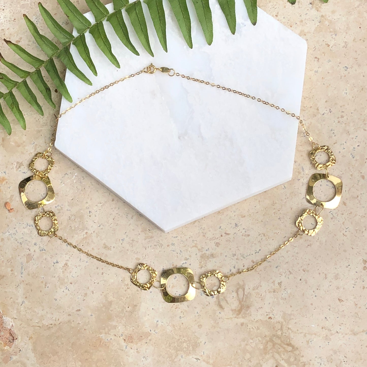 14KT Yellow Gold Shiny + Hammered Squared Circle Link Necklace, 14KT Yellow Gold Shiny + Hammered Squared Circle Link Necklace - Legacy Saint Jewelry