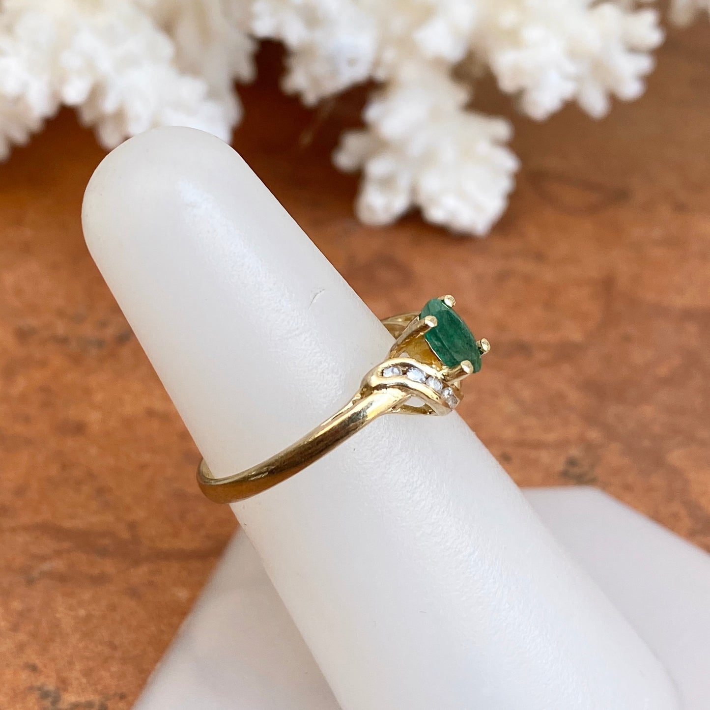 Estate 14KT Yellow Gold Oval .70 CT Emerald + Diamond Accent Ring