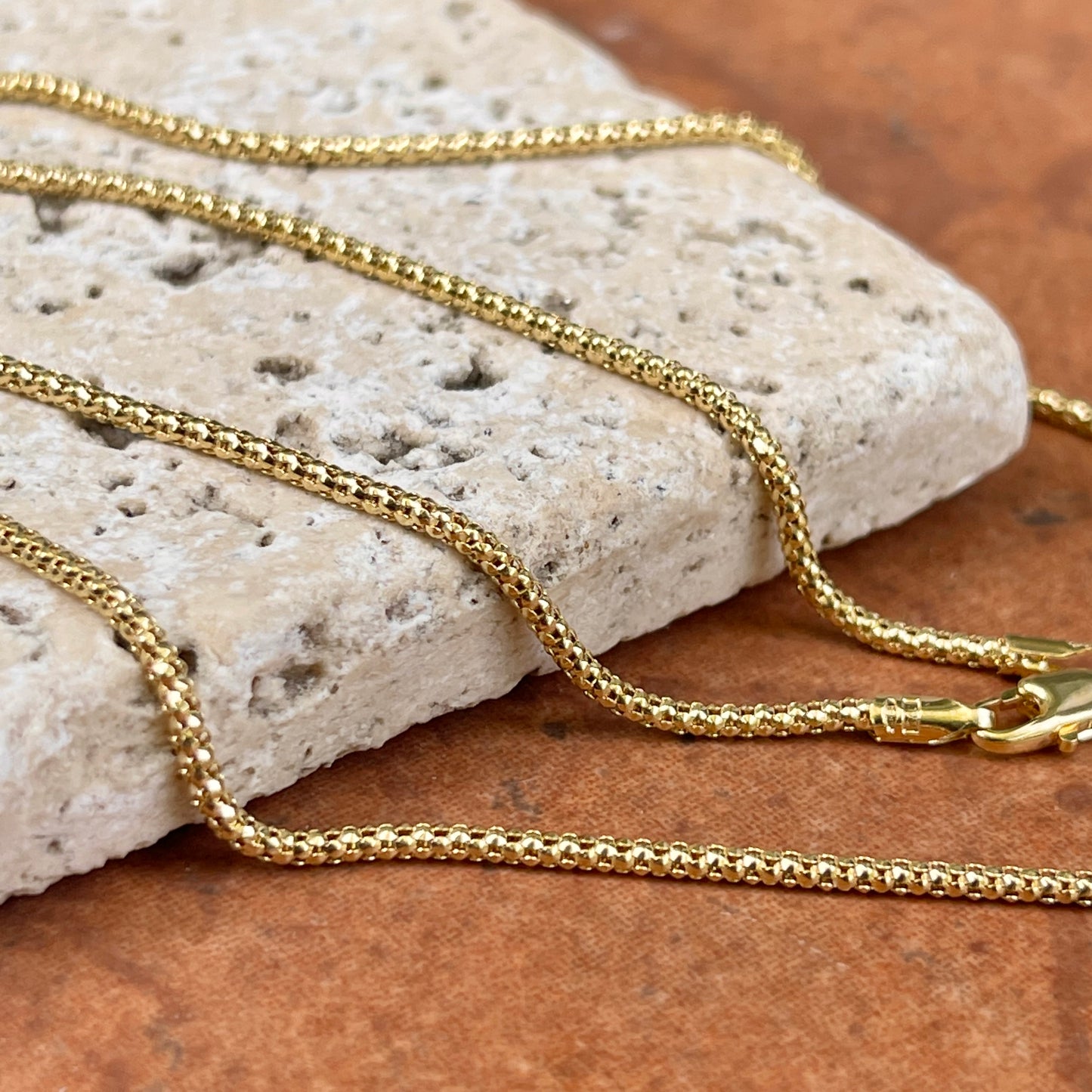 14KT Yellow Gold Rounded 1.5mm Mesh Popcorn Link Chain Necklace