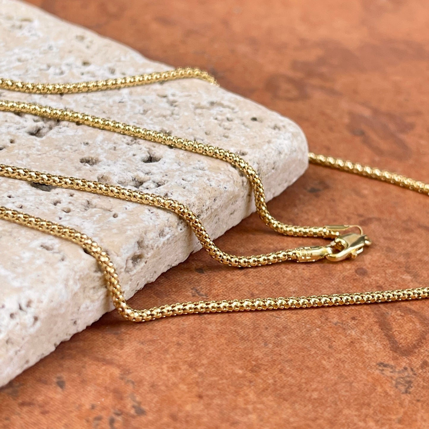 14KT Yellow Gold Rounded 1.5mm Mesh Popcorn Link Chain Necklace