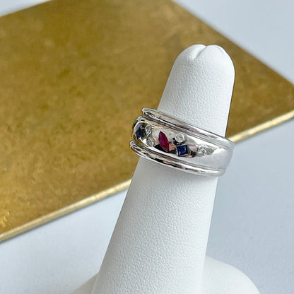 Estate Sterling Silver Multi-Colored CZ Gypsy-Set Band Ring