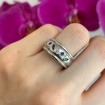 Estate Sterling Silver Multi-Colored CZ Gypsy-Set Band Ring