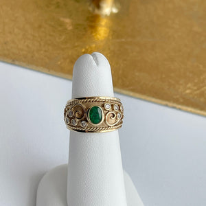 Estate 14KT Yellow Gold Byzantine Emerald + Diamond Cigar Band Ring