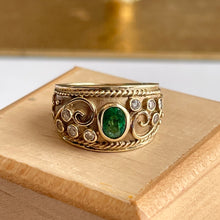 Load image into Gallery viewer, Estate 14KT Yellow Gold Byzantine Emerald + Diamond Cigar Band Ring