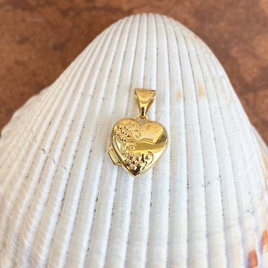 14KT Yellow Gold Polished Detailed Floral Mini Heart Locket Pendant