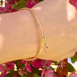 14KT Yellow Gold Mesh Stretch with Cross Charm Bangle Bracelet, 14KT Yellow Gold Mesh Stretch with Cross Charm Bangle Bracelet - Legacy Saint Jewelry
