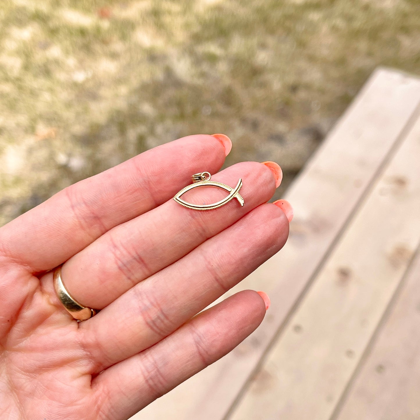 14KT Yellow Gold Beaded Ichthus Cut-Out Pendant Charm