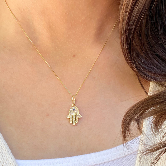 14KT Yellow Gold .20 CT Pave Diamond + Blue Sapphire Hamsa Hand of Fatima Pendant Charm, 14KT Yellow Gold .20 CT Pave Diamond + Blue Sapphire Hamsa Hand of Fatima Pendant Charm - Legacy Saint Jewelry