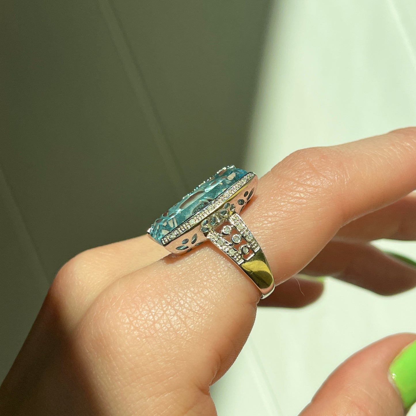 Estate 10KT White Gold Large Fantasy-Cut Blue Topaz + Pave Diamond Ring