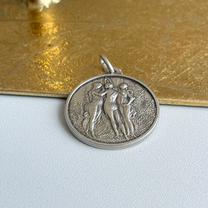 Sterling Silver Antiqued-Finish Venetian 3 Graces Greek Pendant 30mm
