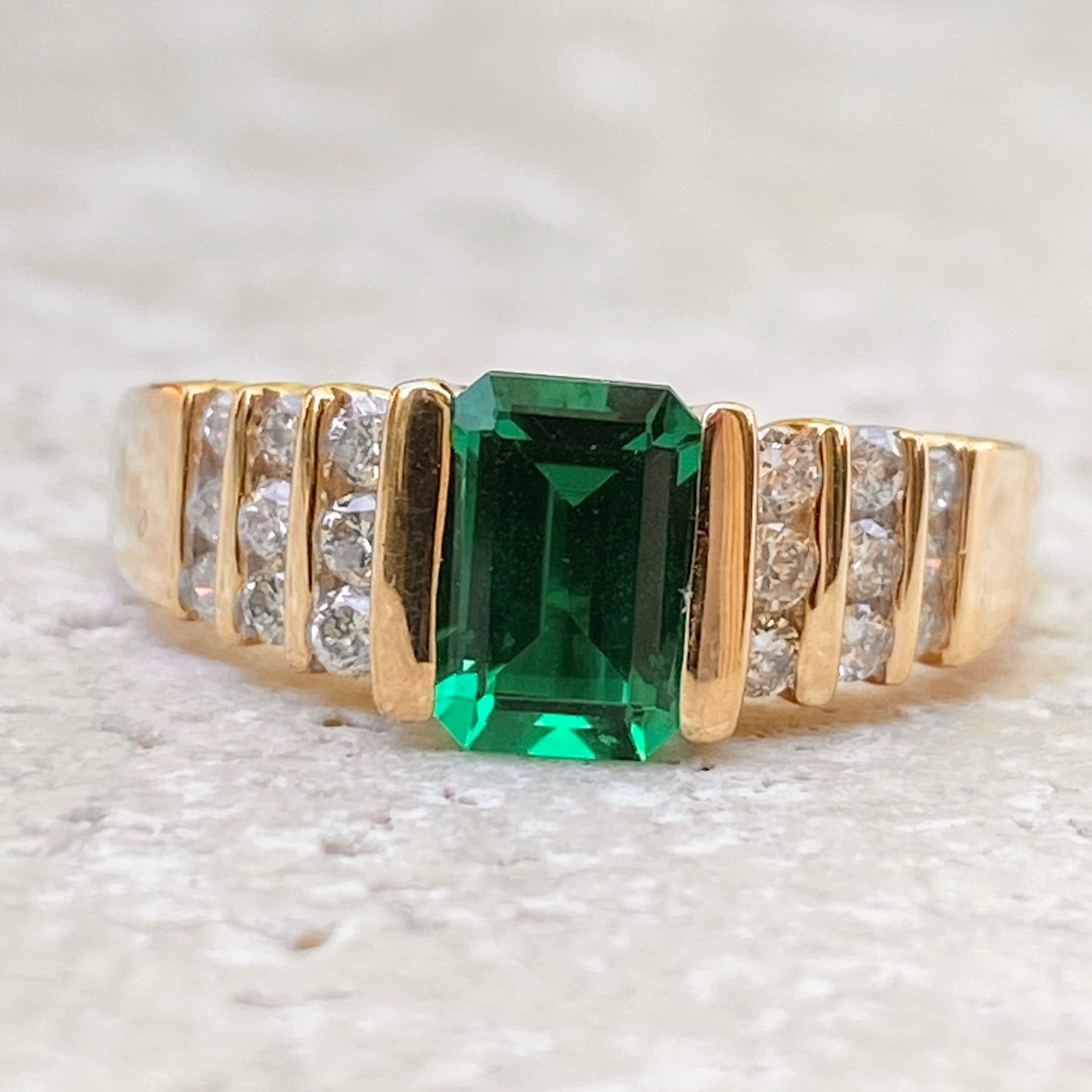 Estate 14KT Yellow Gold 1.00 CT Emerald-Cut Lab Emerald + Diamond RingSOLD, Estate 14KT Yellow Gold 1.00 CT Emerald-Cut Lab Emerald + Diamond RingSOLD - Legacy Saint Jewelry
