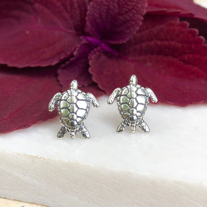 Sterling Silver Oxidized Sea Turtle Stud Earrings, Sterling Silver Oxidized Sea Turtle Stud Earrings - Legacy Saint Jewelry
