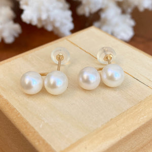 14KT Yellow Gold Double White Freshwater Pearl Stud Earrings