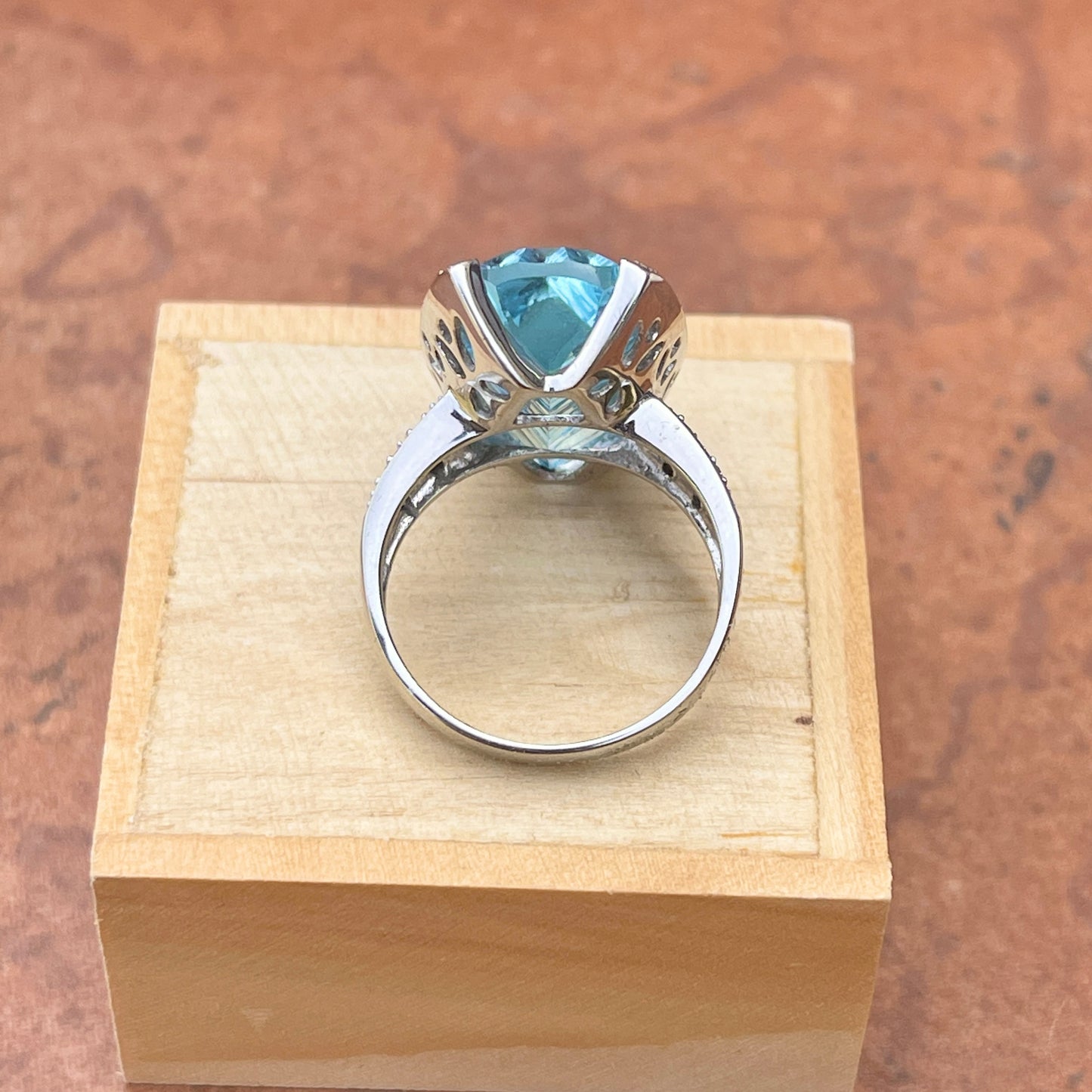 Estate 10KT White Gold Large Fantasy-Cut Blue Topaz + Pave Diamond Ring