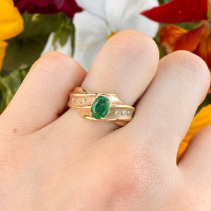 Estate 14KT Yellow Gold Matte Oval Emerald + Gypsy-Set Diamond Ring, Estate 14KT Yellow Gold Matte Oval Emerald + Gypsy-Set Diamond Ring - Legacy Saint Jewelry