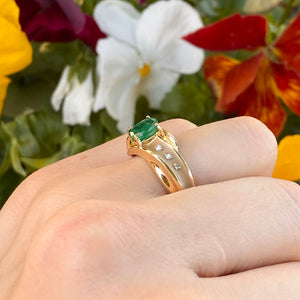 Estate 14KT Yellow Gold Matte Oval Emerald + Gypsy-Set Diamond Ring, Estate 14KT Yellow Gold Matte Oval Emerald + Gypsy-Set Diamond Ring - Legacy Saint Jewelry