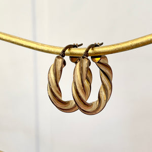 Estate 14KT Yellow Gold + Chocolate Gold Twist Hoop Earrings 22mm