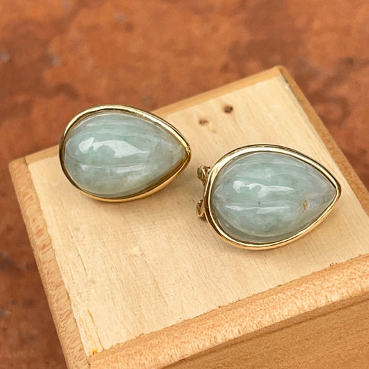 Estate 14KT Yellow Gold Teardrop Pale Celadon Jade Omega Back Earrings