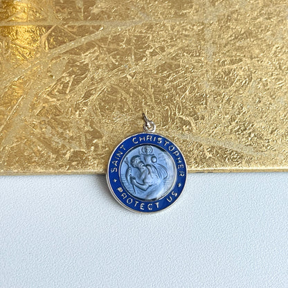 Sterling Silver + Blue Enamel Saint Christopher Round Medal Pendant 20mm