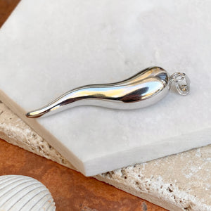 Sterling Silver Polished Corno Italian Horn Large Pendant 67mm