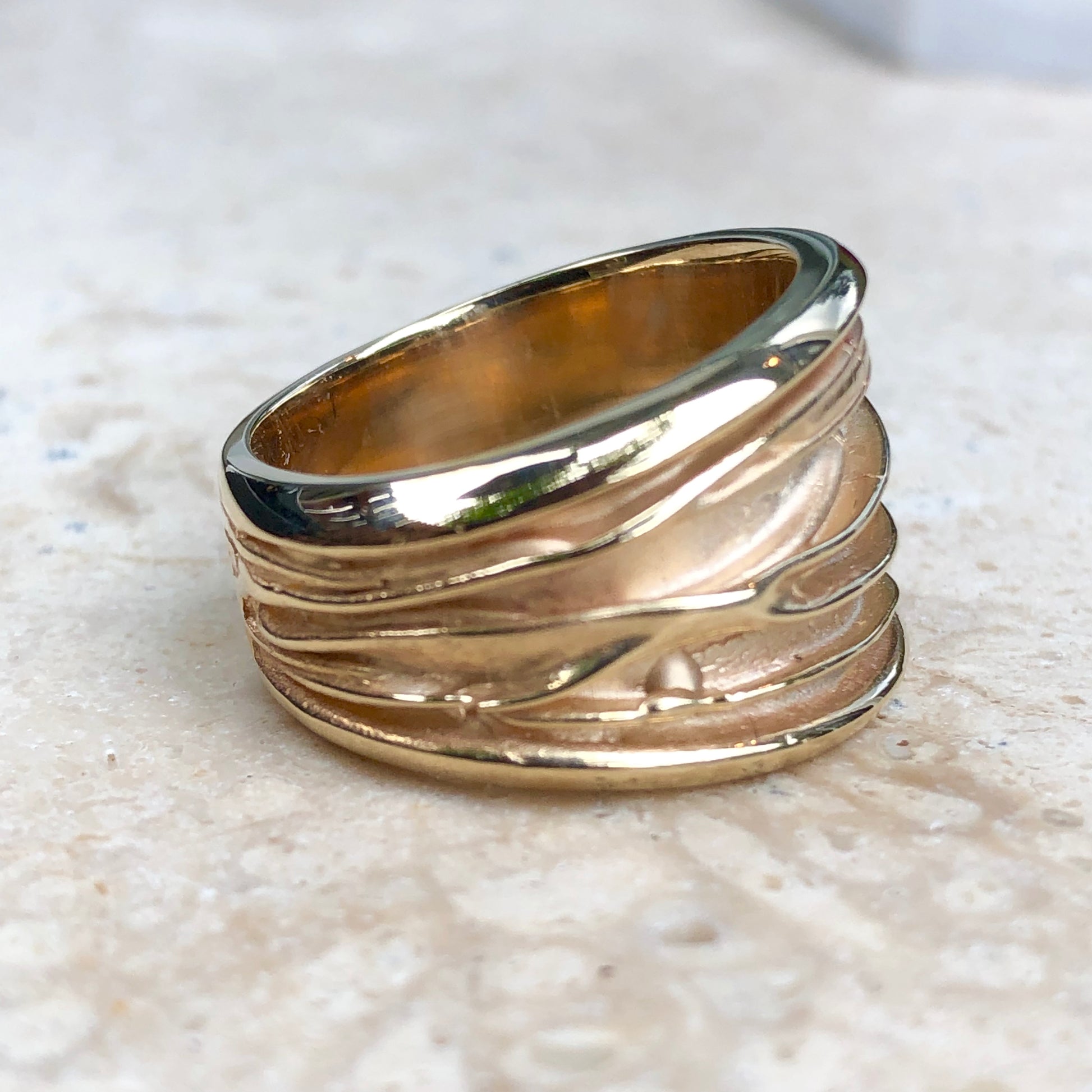 14KT Yellow Gold Wide Artistic Shiny Grooved Cigar Band Ring - Legacy Saint Jewelry