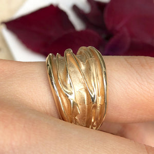 14KT Yellow Gold Wide Artistic Shiny Grooved Cigar Band Ring - Legacy Saint Jewelry