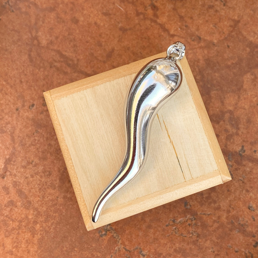 Sterling Silver Polished Corno Italian Horn Large Pendant 67mm