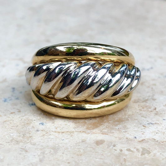 14KT Yellow Gold + White Gold Ribbed Cigar Band Ring Size 7.5, 14KT Yellow Gold + White Gold Ribbed Cigar Band Ring Size 7.5 - Legacy Saint Jewelry