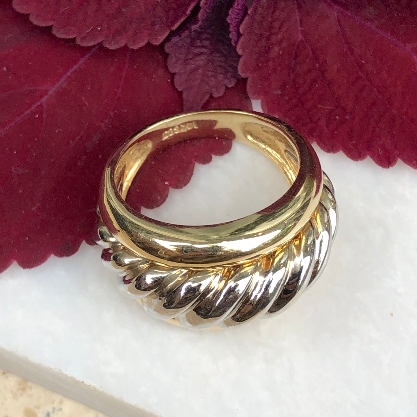 14KT Yellow Gold + White Gold Ribbed Cigar Band Ring Size 7.5, 14KT Yellow Gold + White Gold Ribbed Cigar Band Ring Size 7.5 - Legacy Saint Jewelry