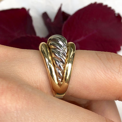 14KT Yellow Gold + White Gold Ribbed Cigar Band Ring Size 7.5, 14KT Yellow Gold + White Gold Ribbed Cigar Band Ring Size 7.5 - Legacy Saint Jewelry