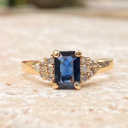 Estate 14KT Yellow Gold Emerald-Cut Blue Sapphire + Diamond Accent Ring, Estate 14KT Yellow Gold Emerald-Cut Blue Sapphire + Diamond Accent Ring - Legacy Saint Jewelry