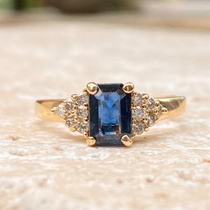 Estate 14KT Yellow Gold Emerald-Cut Blue Sapphire + Diamond Accent Ring, Estate 14KT Yellow Gold Emerald-Cut Blue Sapphire + Diamond Accent Ring - Legacy Saint Jewelry