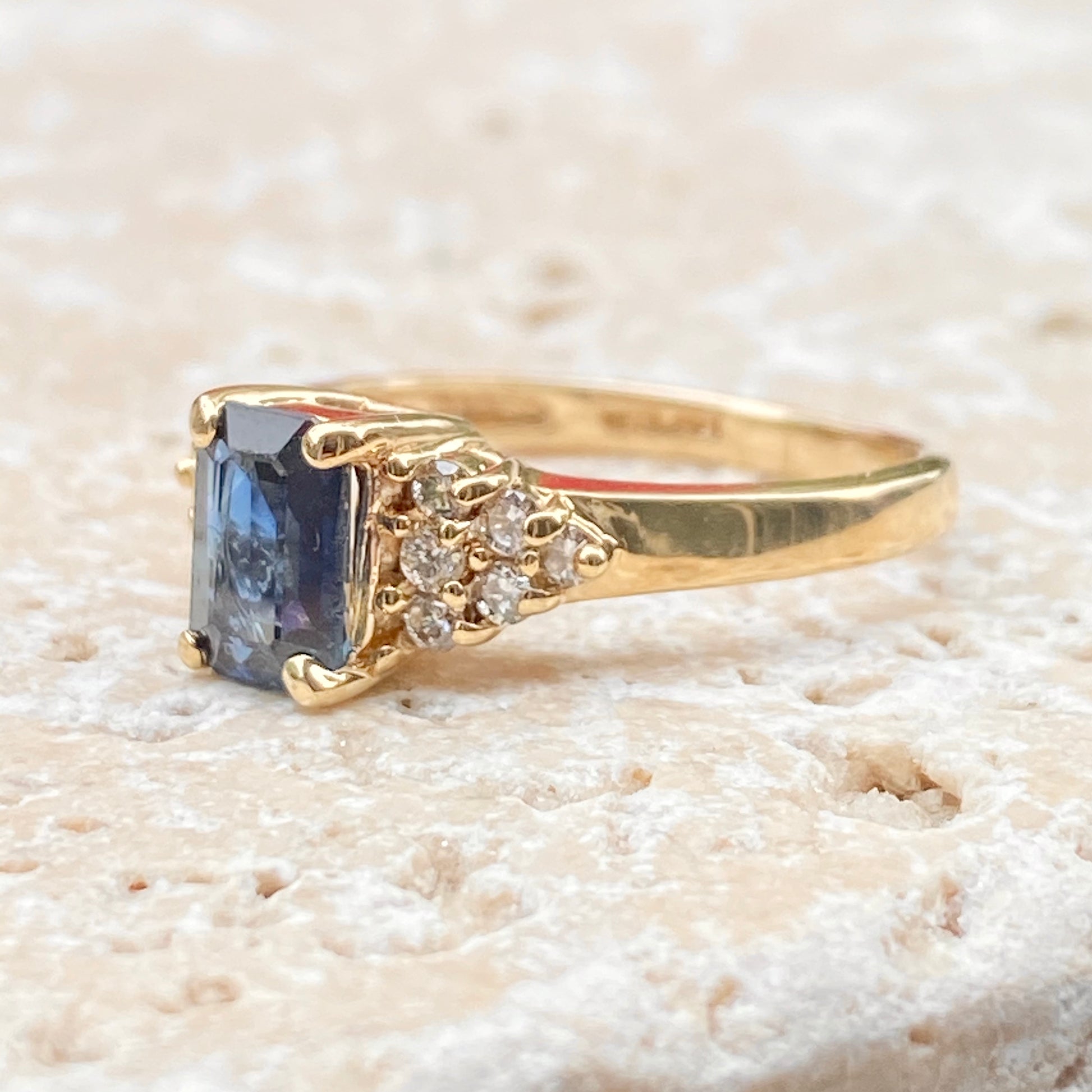 Estate 14KT Yellow Gold Emerald-Cut Blue Sapphire + Diamond Accent Ring, Estate 14KT Yellow Gold Emerald-Cut Blue Sapphire + Diamond Accent Ring - Legacy Saint Jewelry