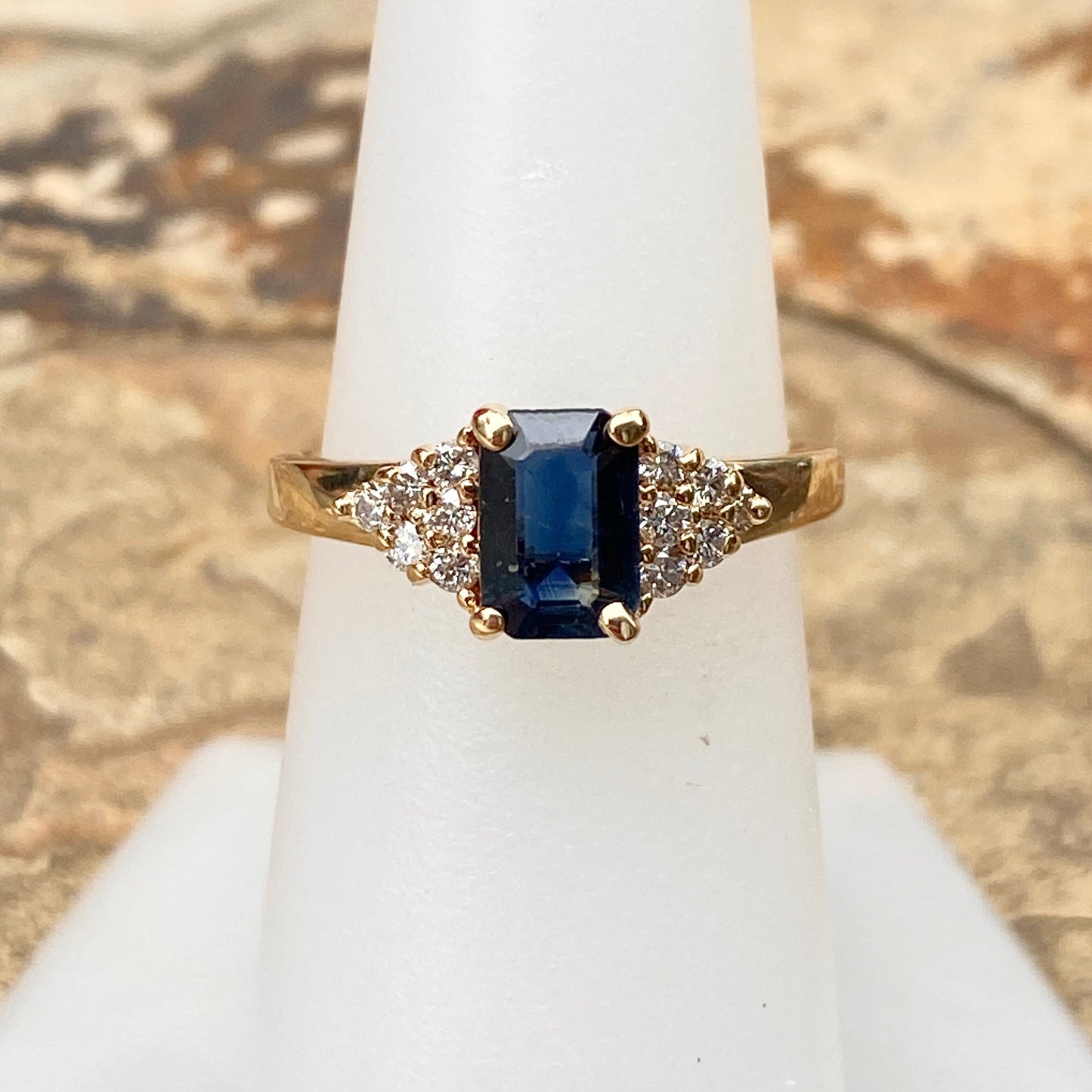 Estate 14KT Yellow Gold Emerald-Cut Blue Sapphire + Diamond Accent Ring, Estate 14KT Yellow Gold Emerald-Cut Blue Sapphire + Diamond Accent Ring - Legacy Saint Jewelry