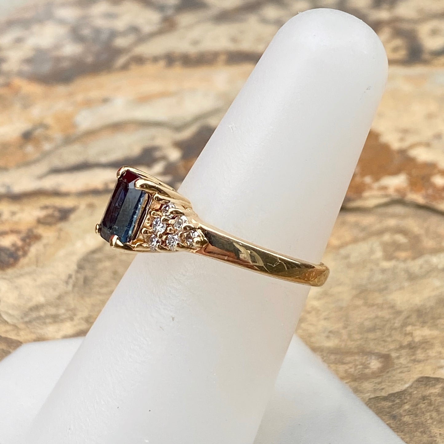 Estate 14KT Yellow Gold Emerald-Cut Blue Sapphire + Diamond Accent Ring, Estate 14KT Yellow Gold Emerald-Cut Blue Sapphire + Diamond Accent Ring - Legacy Saint Jewelry