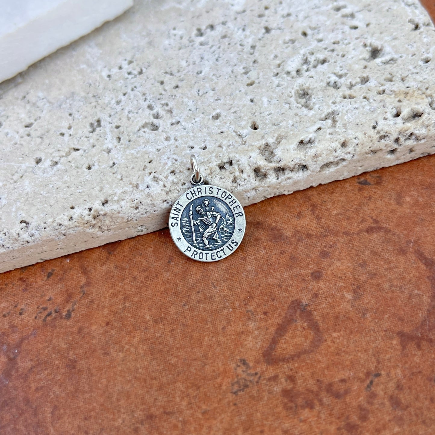 Sterling Silver St Christopher Antiqued Round Medal Pendant 15mm
