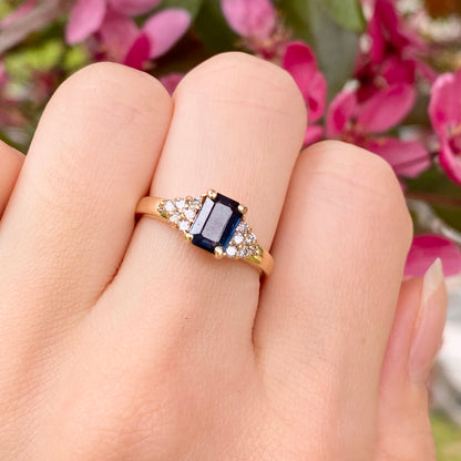 Estate 14KT Yellow Gold Emerald-Cut Blue Sapphire + Diamond Accent Ring, Estate 14KT Yellow Gold Emerald-Cut Blue Sapphire + Diamond Accent Ring - Legacy Saint Jewelry