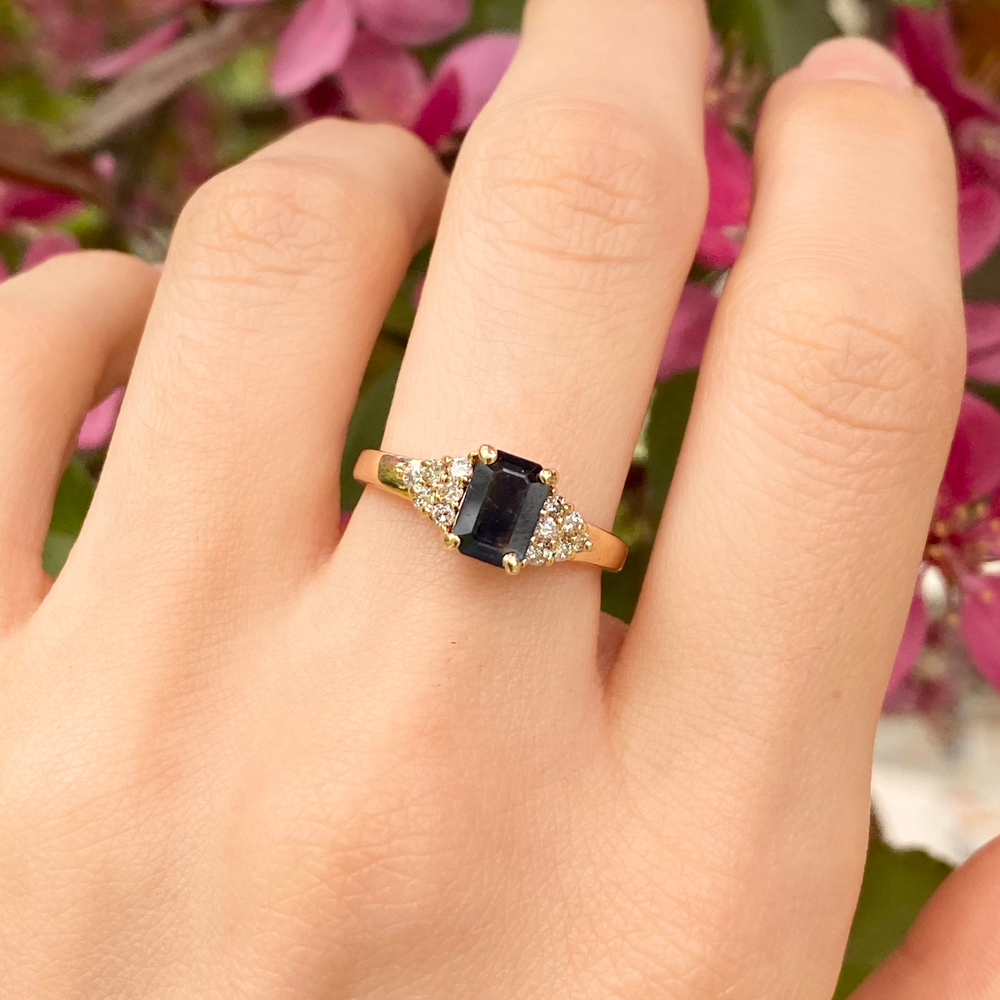 Estate 14KT Yellow Gold Emerald-Cut Blue Sapphire + Diamond Accent Ring, Estate 14KT Yellow Gold Emerald-Cut Blue Sapphire + Diamond Accent Ring - Legacy Saint Jewelry