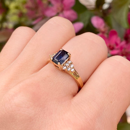 Estate 14KT Yellow Gold Emerald-Cut Blue Sapphire + Diamond Accent Ring, Estate 14KT Yellow Gold Emerald-Cut Blue Sapphire + Diamond Accent Ring - Legacy Saint Jewelry