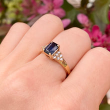 Load image into Gallery viewer, Estate 14KT Yellow Gold Emerald-Cut Blue Sapphire + Diamond Accent Ring, Estate 14KT Yellow Gold Emerald-Cut Blue Sapphire + Diamond Accent Ring - Legacy Saint Jewelry
