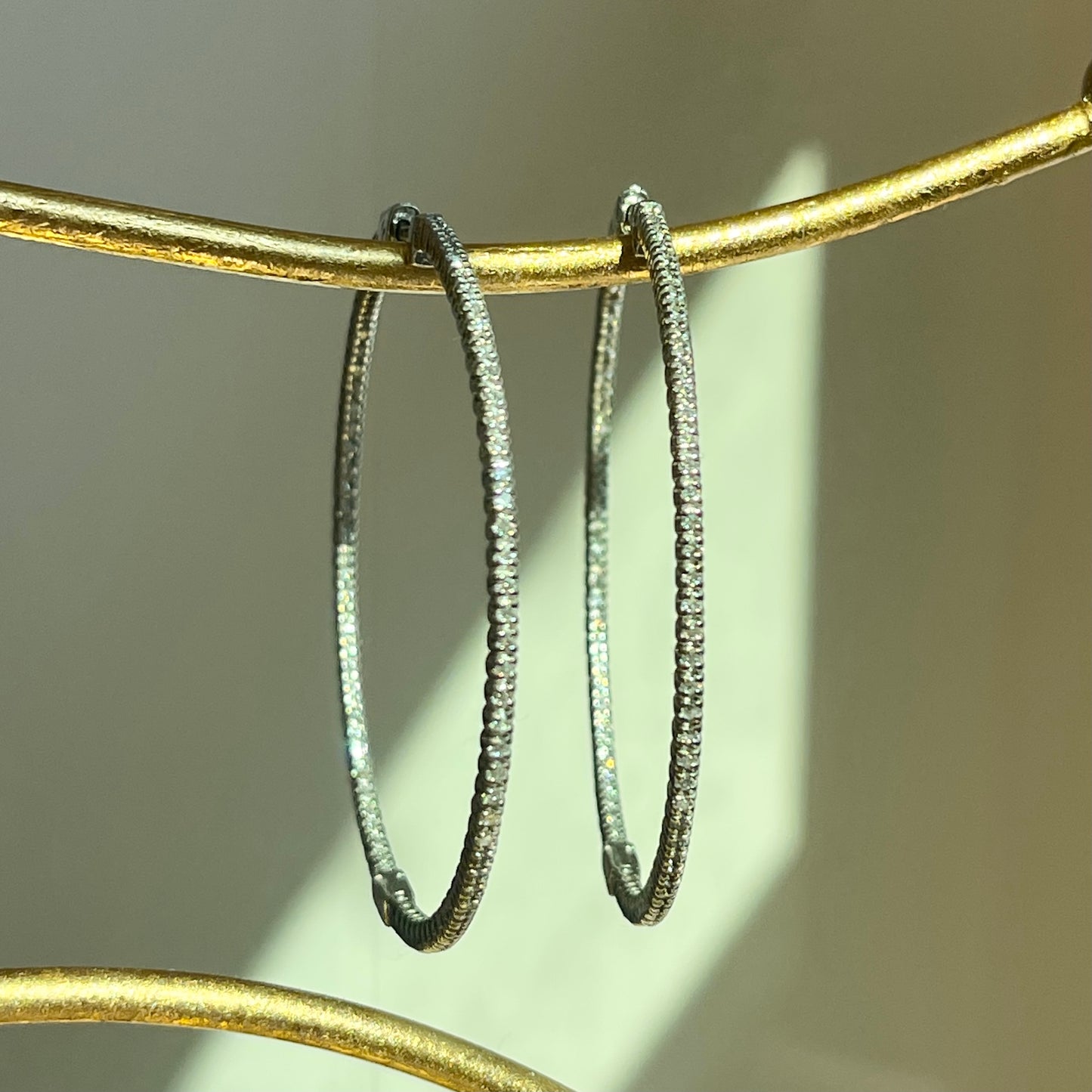 14KT White Gold Inside/ Outside 1.25 CT Prong Set Diamond Hoop Earrings 43mm