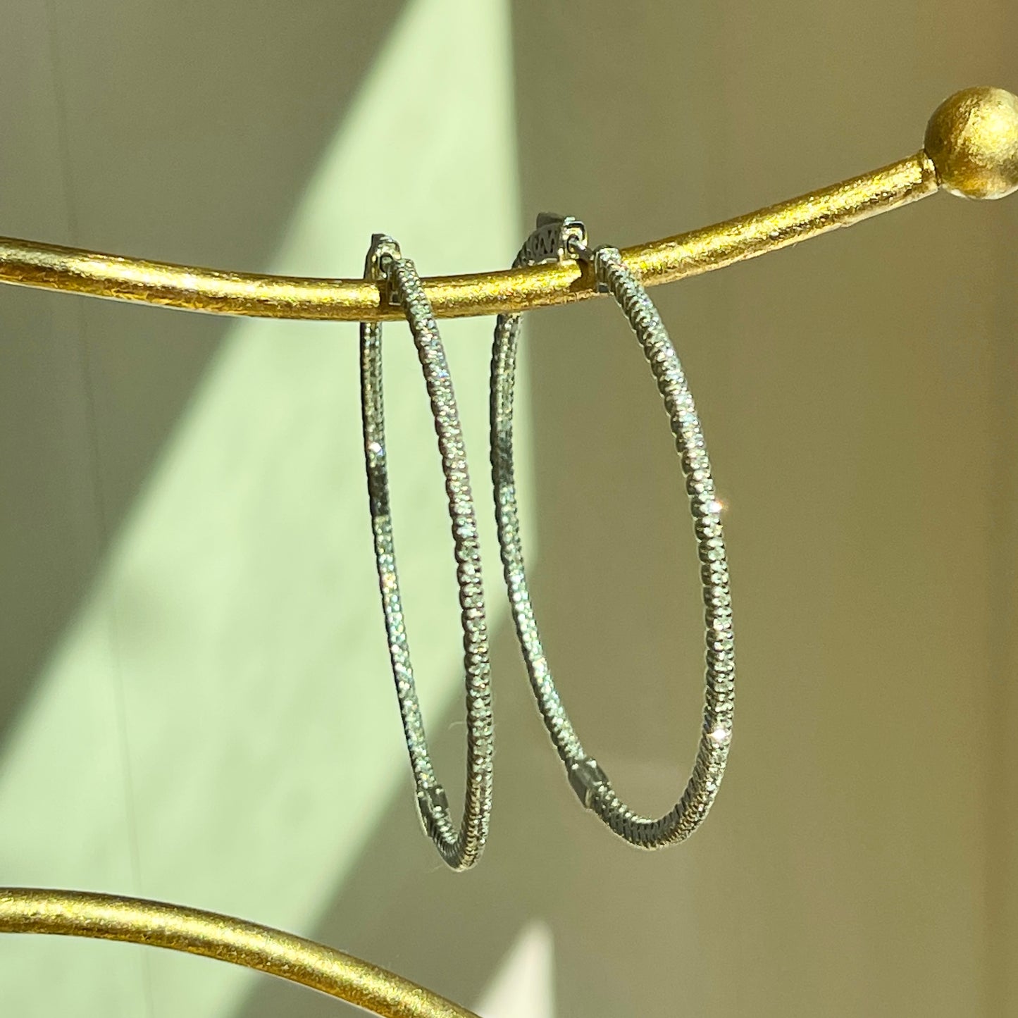 14KT White Gold Inside/ Outside 1.25 CT Prong Set Diamond Hoop Earrings 43mm