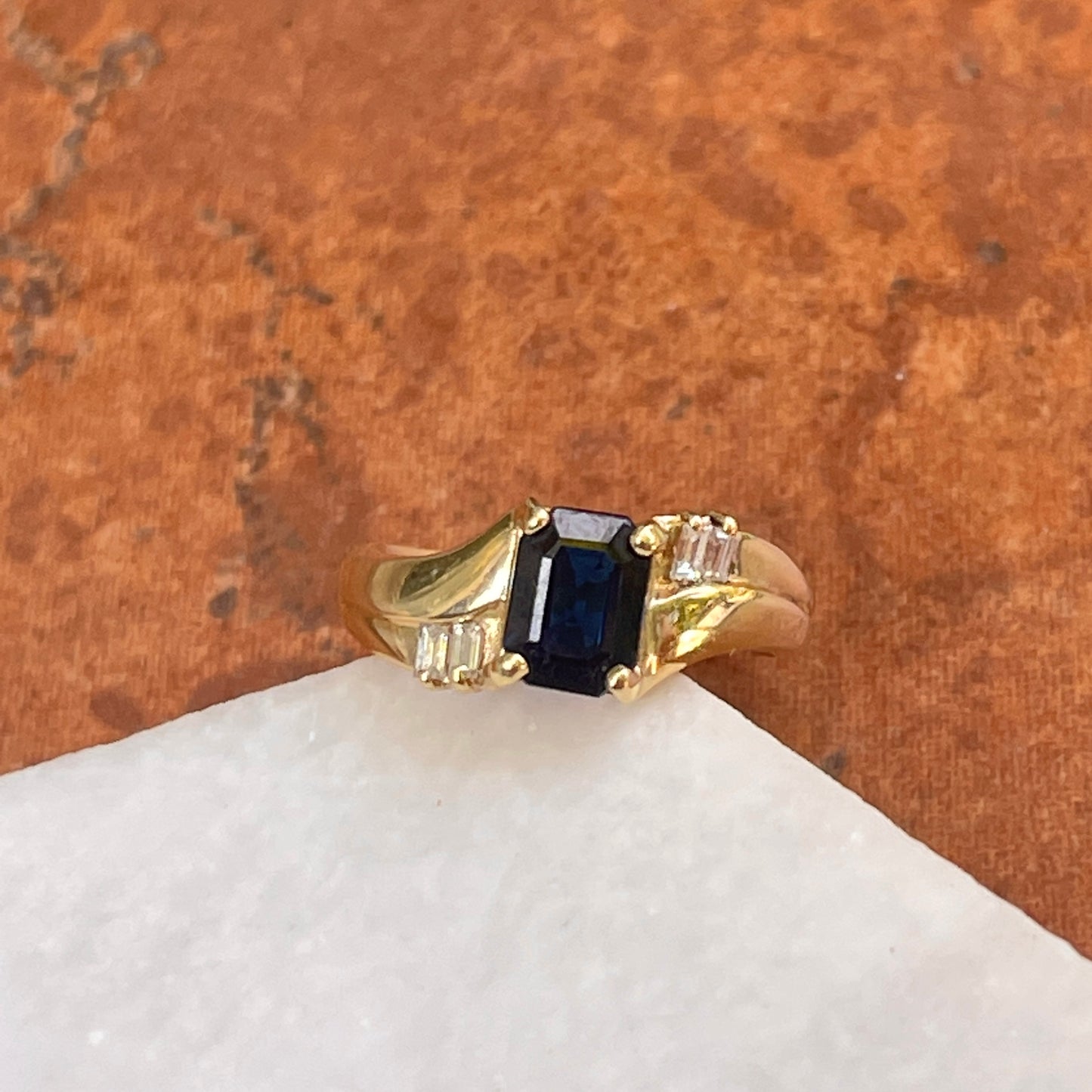Estate 14KT Yellow Gold 1.25 CT Emerald-Cut Blue Sapphire + Baguette Diamond Ring