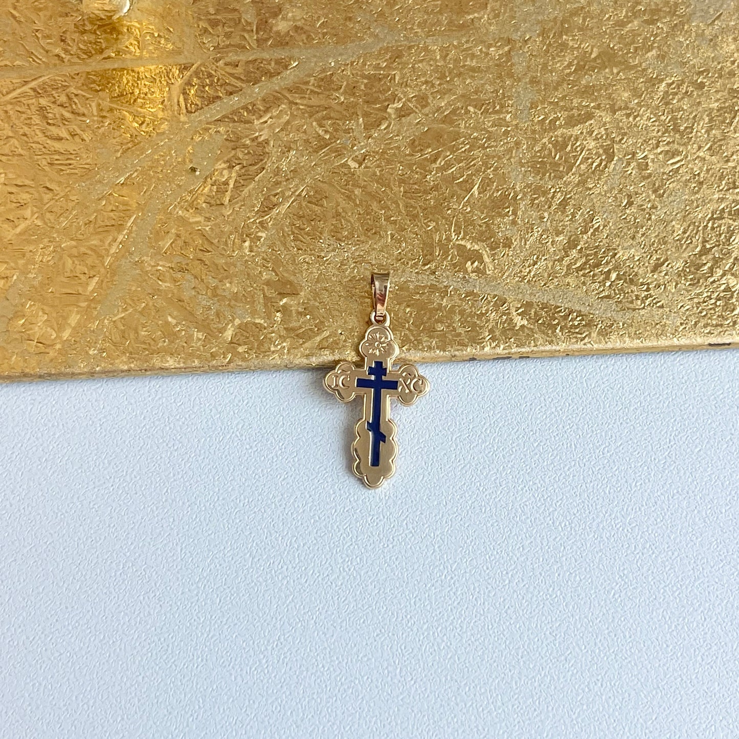 14KT Yellow Gold + Blue Enamel Eastern Orthodox Cross Pendant 22mm