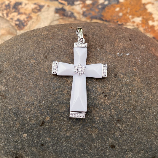 14KT White Gold White Agate Shell + Pave Diamond Cross Pendant, 14KT White Gold White Agate Shell + Pave Diamond Cross Pendant - Legacy Saint Jewelry