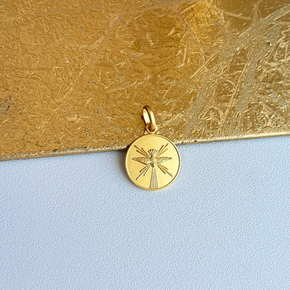 18KT Yellow Gold Matte Holy Spirit Round Medal Pendant Charm 14mm - LSJ