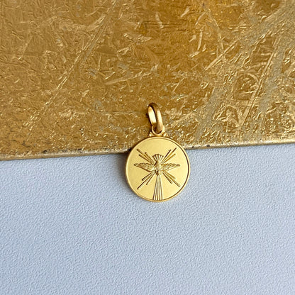 18KT Yellow Gold Matte Holy Spirit Round Medal Pendant Charm 14mm - LSJ