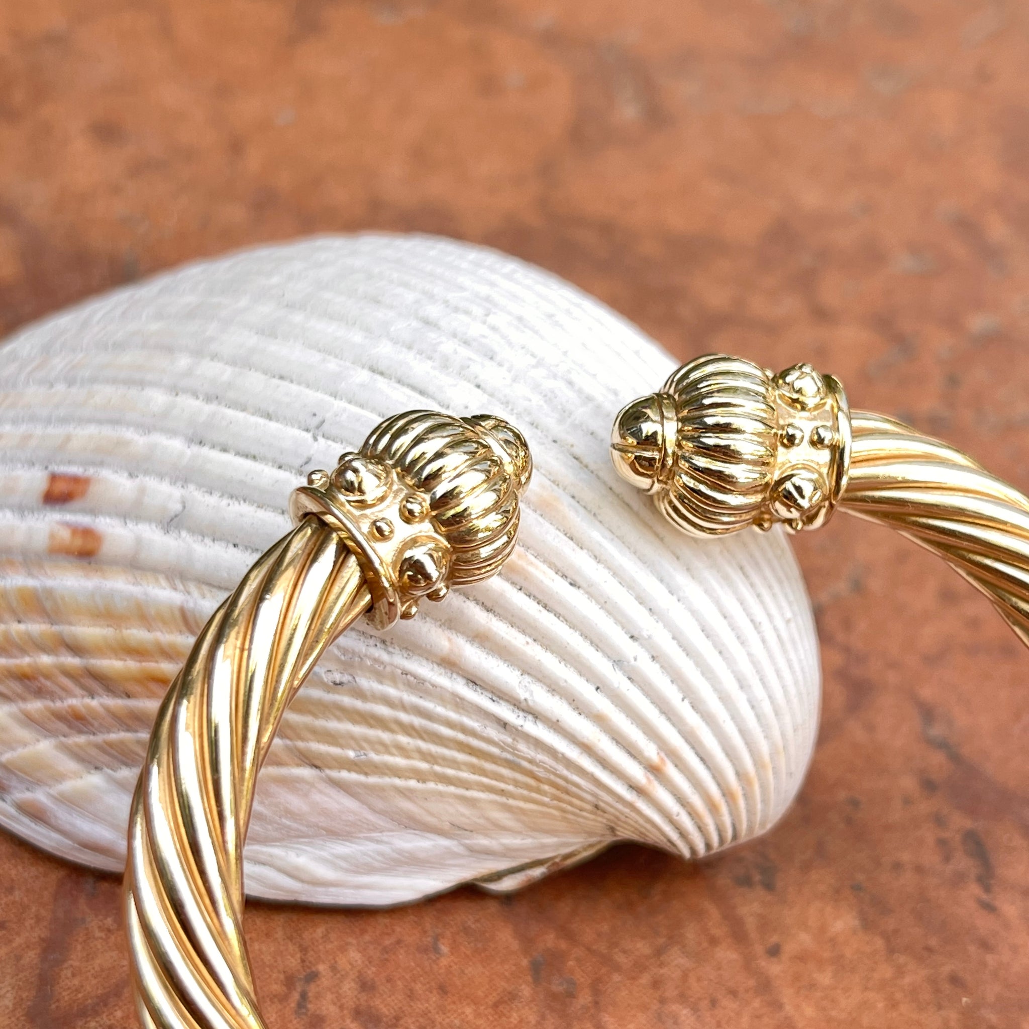 Estate 14KT Yellow Gold Cable Twist Ball End Open Cuff Bangle